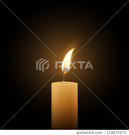Realistic Vector Candle Flame Clipart on Dark Background. Single Wax Pillar Candle with Soft Warm Glow and Flickering Flame, Ambient Lighting Design Template for Web, Print. Square Banner 129673371
