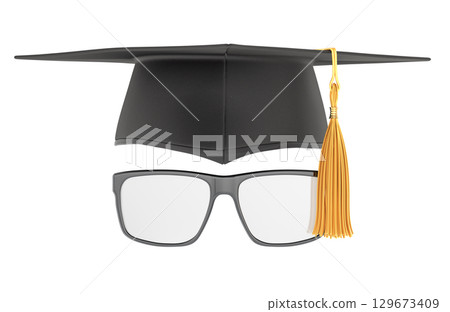 Graduation cap and eyeglasses, academic education concept. 3D rendering Graduation cap and eyeglasses, academic education concept. 3D rendering 129673409