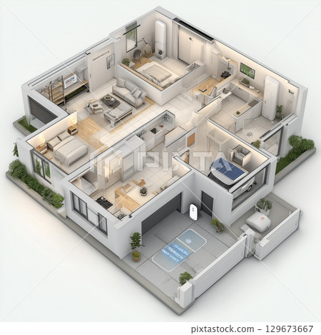 3D isometric house interior floor plan 129673667