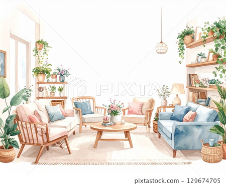 A watercolor illustration of a lifestyle where you can enjoy hobbies and relaxation at home 129674705