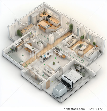 3D isometric house interior floor plan 129674779