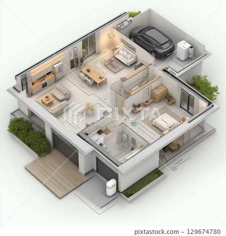 Aerial view of house floor plan. 3D isometric residential interior layout 129674780