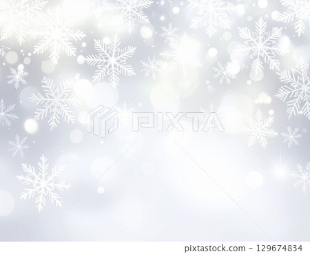 冬季背景插圖：白色和銀色的雪花在柔和的燈光下翩翩起舞 129674834