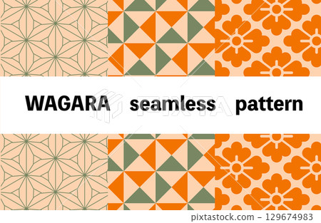 Seamless Japanese pattern set combining bellflower, hemp, triangle, and diamond patterns Seamless Japanese pattern set combining bellflower, hemp, triangle, and diamond patterns 129674983