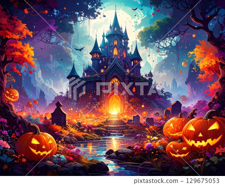 Haunted Pumpkin and Old Castle Halloween Haunted Pumpkin and Old Castle Halloween 129675053