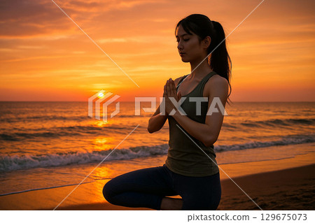 日落時分，在海灘上做瑜珈姿勢的女人 129675073