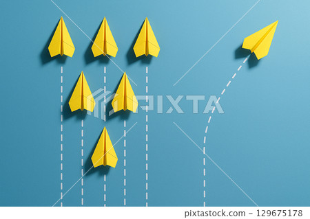 Yellow airplanes advancing forward while leaving other yellow ones behind representing determined leadership 129675178