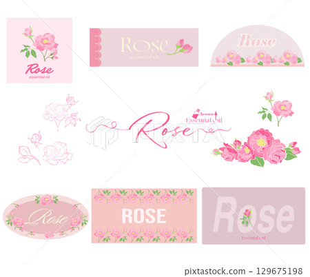 Rose essential oil logo and illustration - Damask rose 129675198