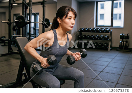 在體育館做肌肉訓練的女人 在體育館做肌肉訓練的女人 129675278