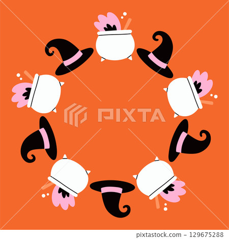 Simple Halloween circle frame. Cute Halloween frame border on orange background. The round vector design with soft colors, perfect for spooky autumn decorations, banners, stickers, ads, sale. 129675288
