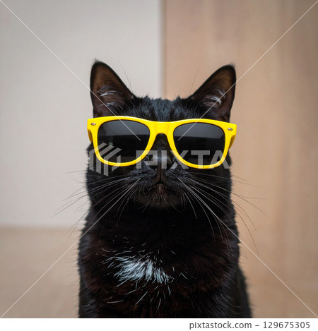 Black cat with yellow sunglasses | Cool and pop studio portrait 129675305