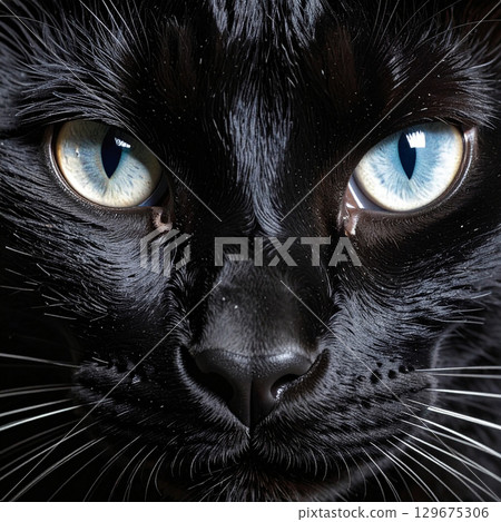 Black cat's blue eyes | Macro close-up that highlights the fur 129675306