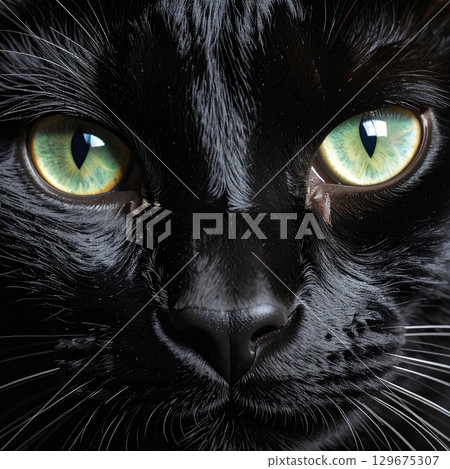 Black cat's green eyes | Close-up of mysterious gaze 129675307
