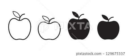 Three stylized apple icons. Simple apple icon and one outlined in black. Three stylized apple icons. Simple apple icon and one outlined in black. 129675337