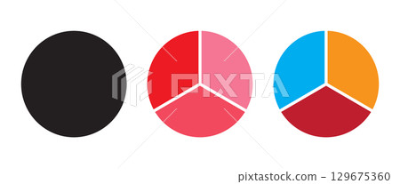 Three part pie charts in various colors for data visualization. Circle divided into three equal segments. 129675360