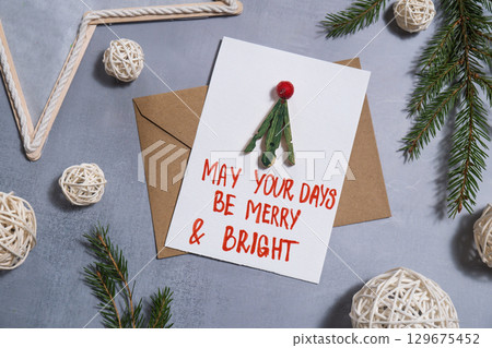 Christmas tree Sustainable Christmas preparation handmade greeting cards with envelope. Inclusive and responsible holiday 129675452