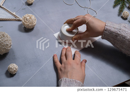 Christmas balls Sustainable Christmas preparation Diy process of making handmade greeting cards. Step by step activity for children. Inclusive and responsible stress relief holiday hobby 129675471