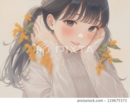 女孩與桂花的水彩插圖 7 129675573