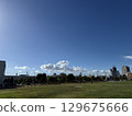 A park landscape with a blue summer sky and a wide lawn, a clear sky with white clouds and a residential area, and the sky and greenery of a city enveloped in a refreshing, clear sky. 129675666
