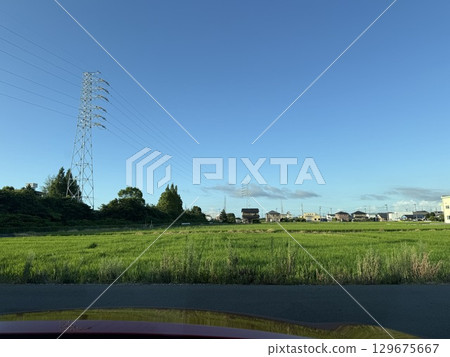 夏日藍天下的鄉村小鎮,綠油油的稻田和輸電塔的風景,寧靜的郊區藍天下的住宅區 夏日藍天下的鄉村小鎮,綠油油的稻田和輸電塔的風景,寧靜的郊區藍天下的住宅區 129675667