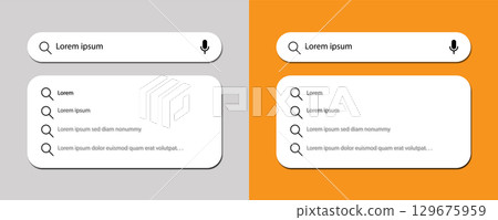 Modern search bar and list interface design. Internet browser search address and navigation bar. Modern search bar and list interface design. Internet browser search address and navigation bar. 129675959