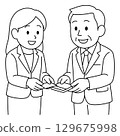 一位年輕女子和一位老年男子交換名片並面帶微笑地互相問候（線條畫） 129675998