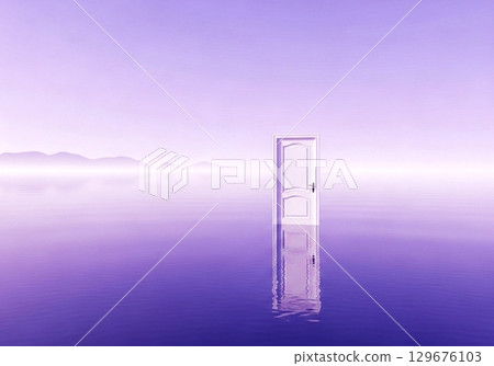 White Door in Purple Water Surreal Landscape 129676103