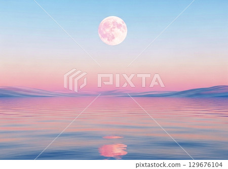 Pink Moonrise over Calm Water, Serene Landscape 129676104