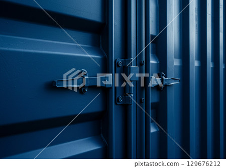 Closeup of Blue Cargo Container Door Latches 129676212