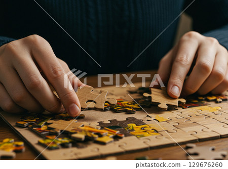 Person Assembling Wooden Jigsaw Puzzle Close Up 129676260