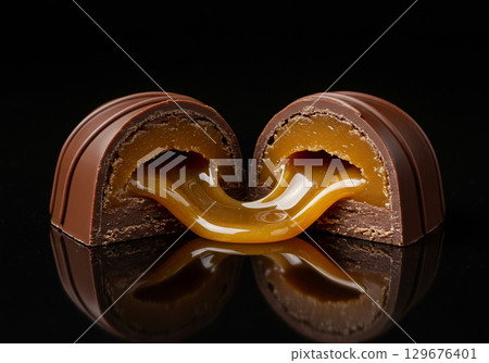 Delicious Caramel Chocolate Candy, Closeup Shot 129676401