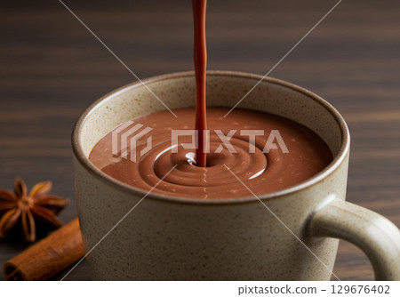 Pouring Hot Chocolate into a Mug with Spices 129676402