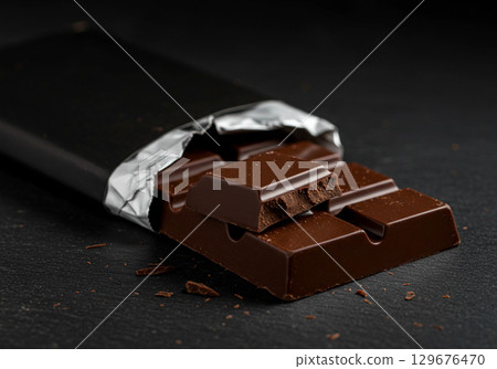 Dark Chocolate Bar Closeup on Dark Background Dark Chocolate Bar Closeup on Dark Background 129676470