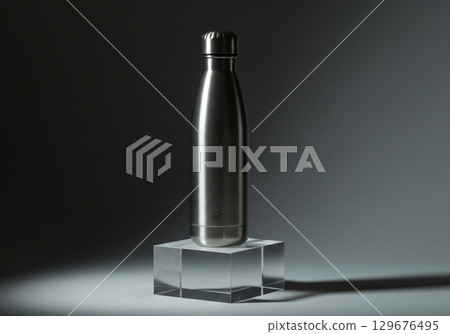 Stainless Steel Water Bottle on Acrylic Cube 129676495