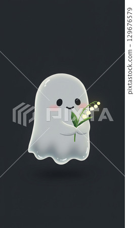 Cute Ghost Holding Lily of the Valley Flowers 129676579