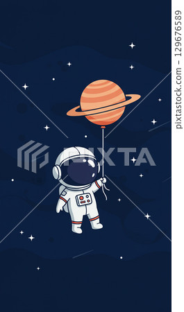 Cute Astronaut Holding Planet Balloon in Space 129676589