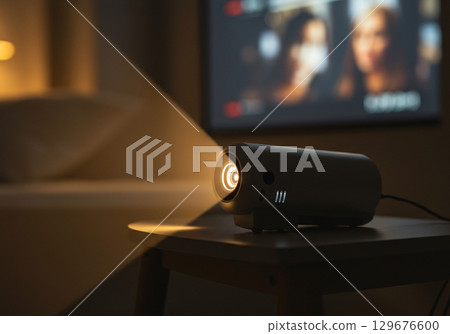 Mini Projector Streaming on Small Table at Night 129676600