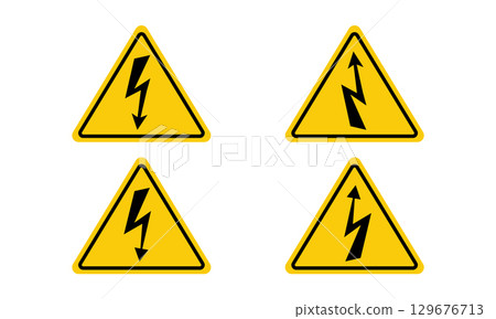 High voltage icon. Warning signs indicate electrical hazard. Potential electrical dangers. High voltage icon. Warning signs indicate electrical hazard. Potential electrical dangers. 129676713