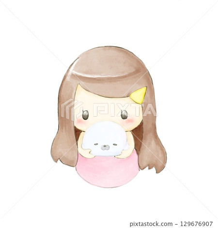 Illustration of a girl showing off her precious stuffed animal Illustration of a girl showing off her precious stuffed animal 129676907