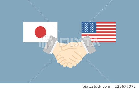 Vector illustration of a handshake with the Japanese and American flags (diplomacy, cooperation, negotiations, friendship) Vector illustration of a handshake with the Japanese and American flags (diplomacy, cooperation, negotiations, friendship) 129677073