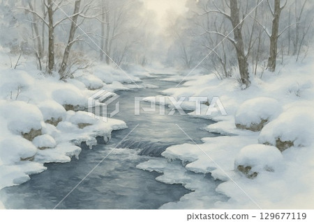 A flowing river on a snowy morning 129677119