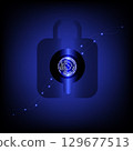 Digital fingerprint icon glowing in circular design, set against dark blue background with abstract lines and lights, symbolizing security and technology 129677513