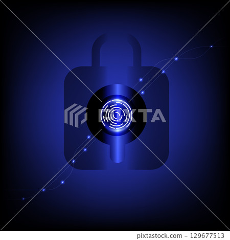 Digital fingerprint icon glowing in circular design, set against dark blue background with abstract lines and lights, symbolizing security and technology Digital fingerprint icon glowing in circular design, set against dark blue background with abstract lines and lights, symbolizing security and technology 129677513