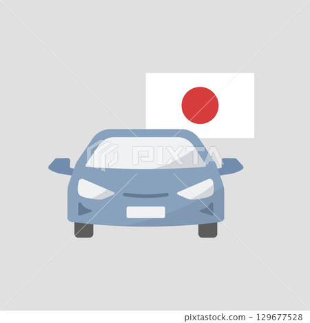 Vector icon of a Japanese car and flag representing domestic production (automotive industry, trade, economy) 129677528