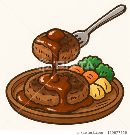 Cartoon illustration of a hamburger steak being held up by a fork 129677536