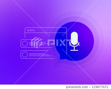 Voice search technology concept with microphone icon, chat bubble and browser windows. Voice search optimization, digital interaction and online communication tools. Modern vector illustration 129677872