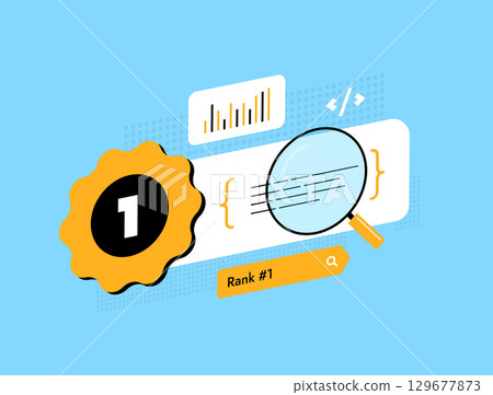 SEO ranking concept with magnifying glass, analytics chart and first place badge. Website position tracking, keyword research and search engine visibility improvement, modern vector illustration SEO ranking concept with magnifying glass, analytics chart and first place badge. Website position tracking, keyword research and search engine visibility improvement, modern vector illustration 129677873