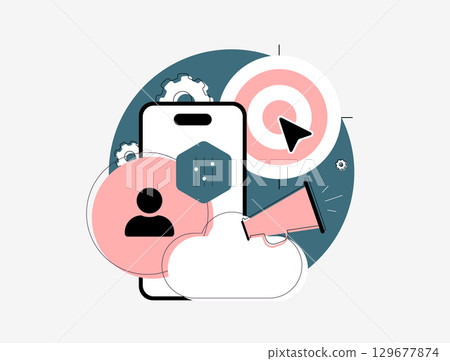 Personalized Marketing concept with smartphone, user profile, target symbol and megaphone. Brands use personal data to deliver target ad messages and improve audience engagement, vector illustration 129677874