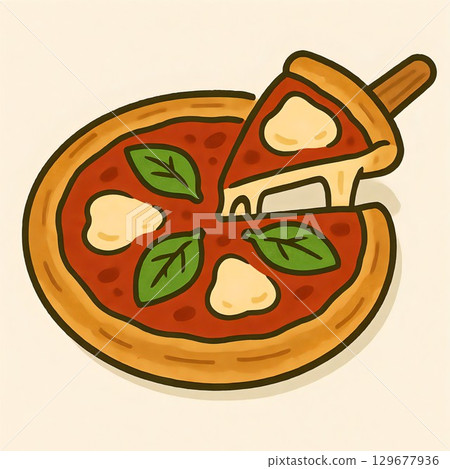 可愛的卡通風格披薩圖標 129677936