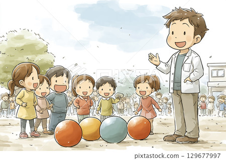 A scene of children playing ball while a teacher watches over them A scene of children playing ball while a teacher watches over them 129677997